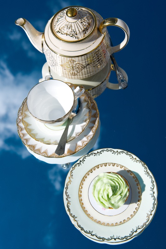 Teapot, teacup and cupcake